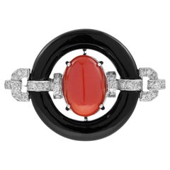 Red Maroon Coral Black Onyx Diamond Art Deco Style 14K White Gold Brooch Pin