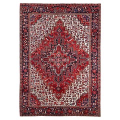 Red Medallion Hand Knotted Soft Wool Vintage Persian Heriz Rustic Look Clean Rug