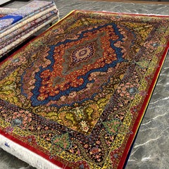 Red Medallion Persian Tabriz Style Silk Carpet, 150x225cm