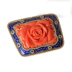 Red Mediterranean Coral 'Coralium Rubrum' and Enamel Brooch on 18K Yellow Gold