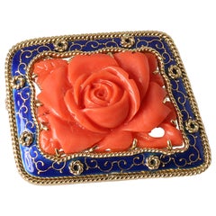 Red Mediterranean Coral 'Coralium Rubrum' and Enamel Brooch on 18K Yellow Gold
