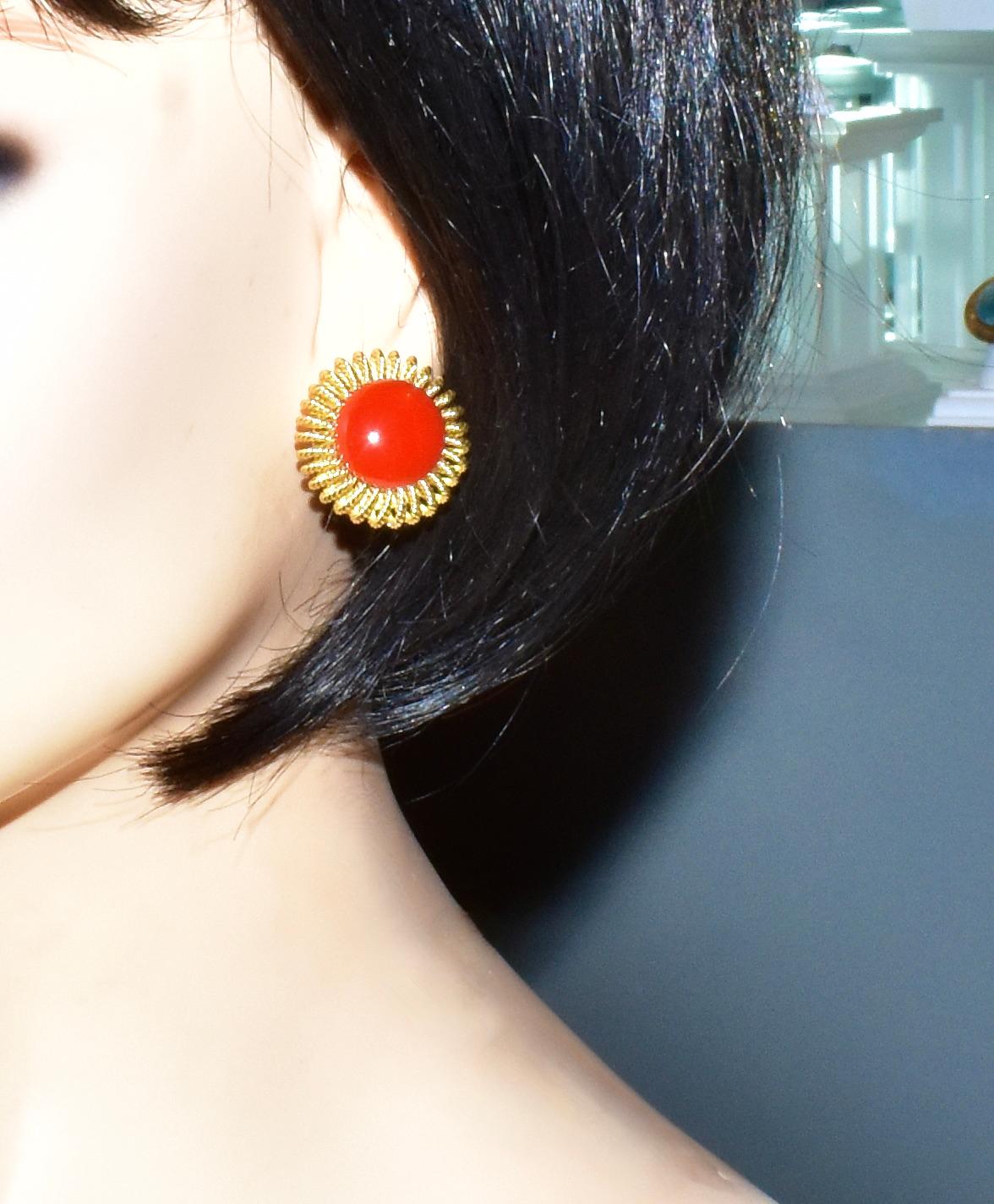 Cabochon Red Mediterranean Oxblood Coral Earrings & 18K Ring, C. 1950 For Sale