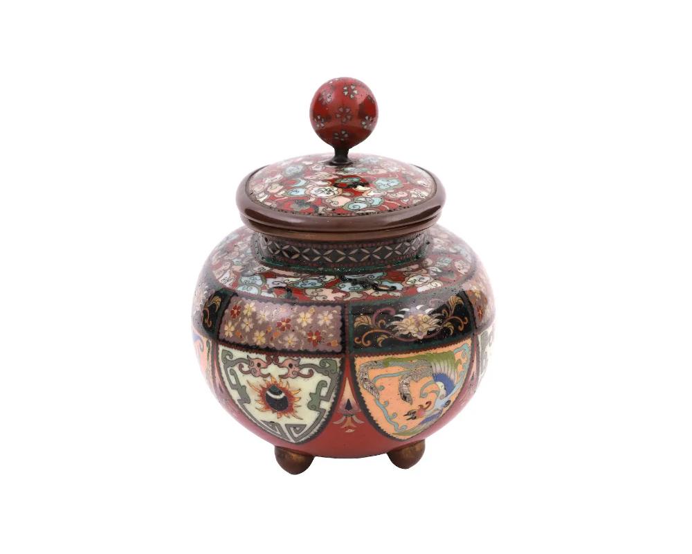 Cloissoné Red Meiji Japanese Cloisonne Enamel Covered Jar with Bats, Dragons, and Phoenix  For Sale