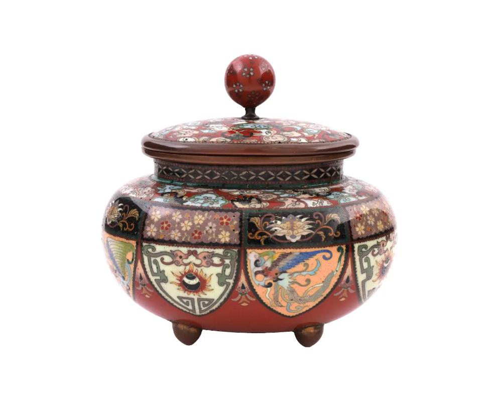 Red Meiji Japanese Cloisonne Enamel Covered Jar with Bats, Dragons, and Phoenix  In Good Condition For Sale In New York, NY