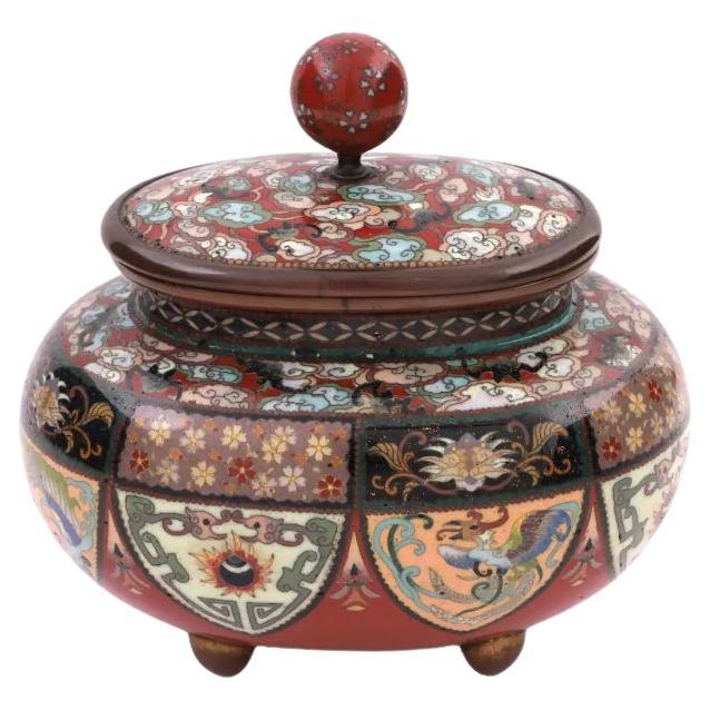 Red Meiji Japanese Cloisonne Enamel Covered Jar with Bats, Dragons, and Phoenix 