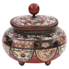 Antique Red Meiji Japanese Cloisonne Enamel Covered Jar with Bats, Dragons, and Phoenix 