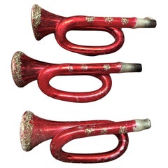 Vintage Red Mercury Blown Glass Trumpet Horn Christmas Tree Ornament Set of 3 
