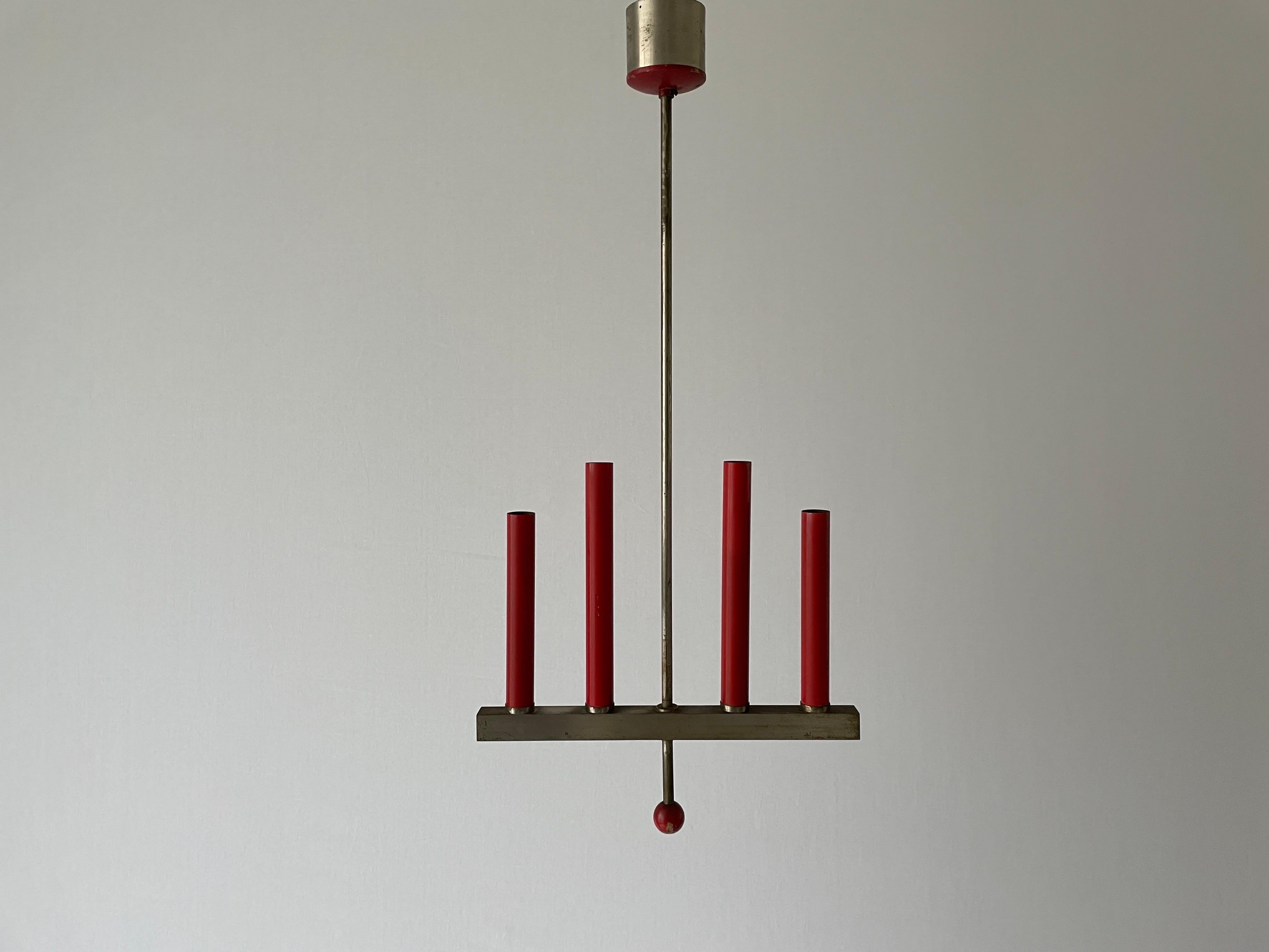 Red Metal 4 Tubes Ceiling Lamp, 1960s, Italy

This lamp works with 4x E14 light bulbs.

Measurements: 
Height: 75 cm
Shade height, width and depth: 35cm , 36 cm and 3 cm

