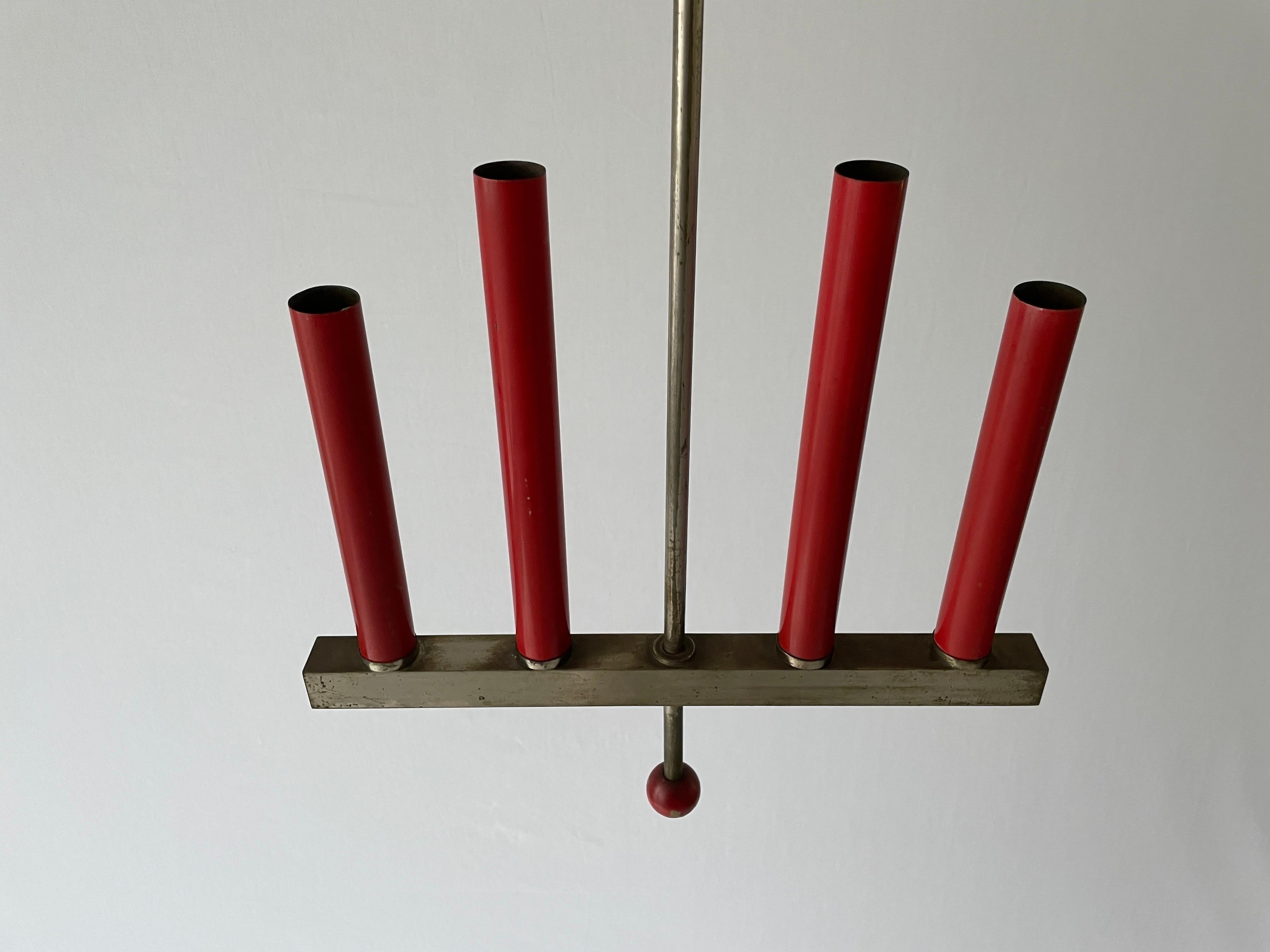 Mid-Century Modern Red Metal 4 Tubes Ceiling Lamp, 1960s, Italy For Sale