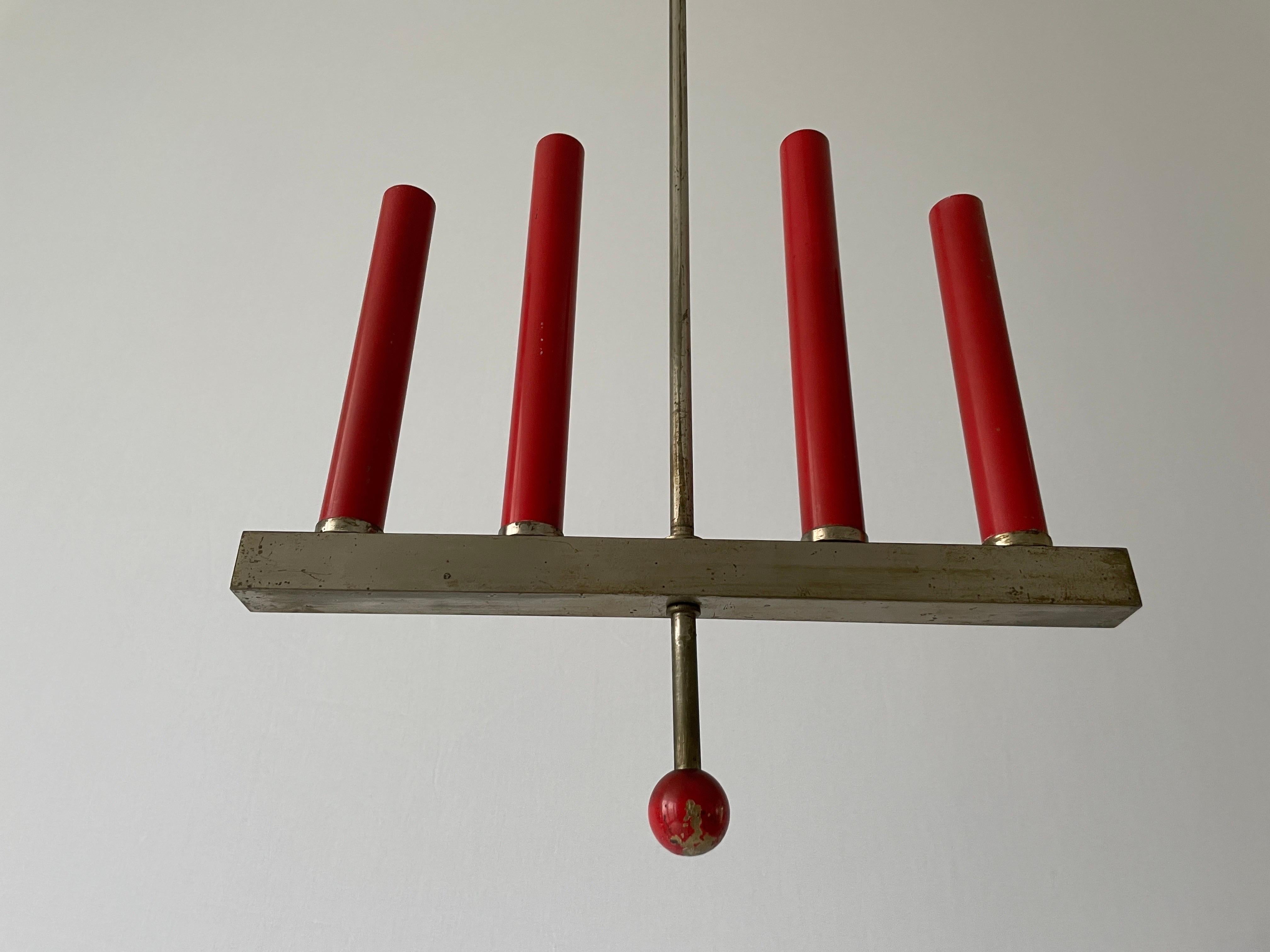 Italian Red Metal 4 Tubes Ceiling Lamp, 1960s, Italy For Sale