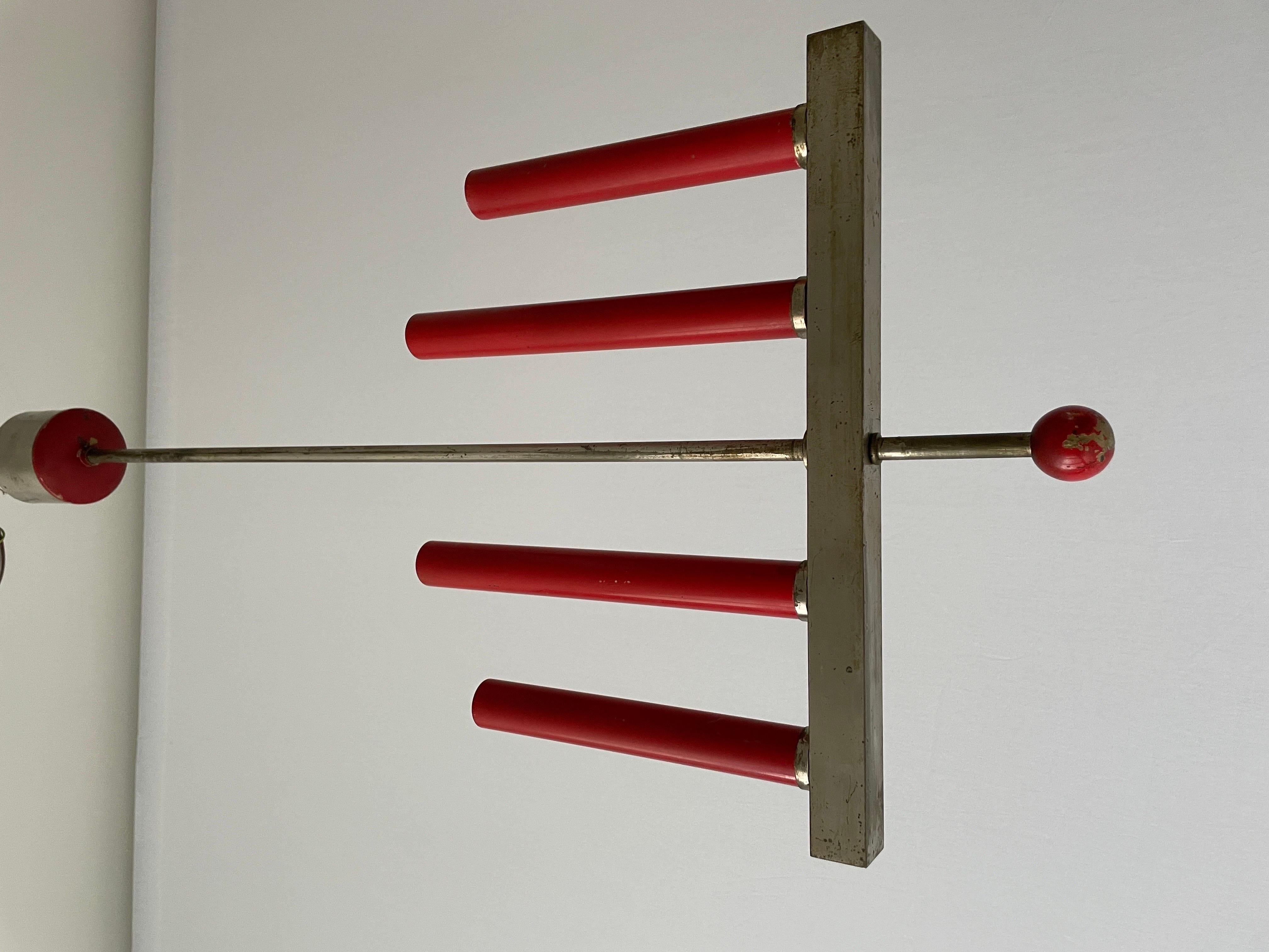 Red Metal 4 Tubes Ceiling Lamp, 1960s, Italy In Excellent Condition For Sale In Hagenbach, DE