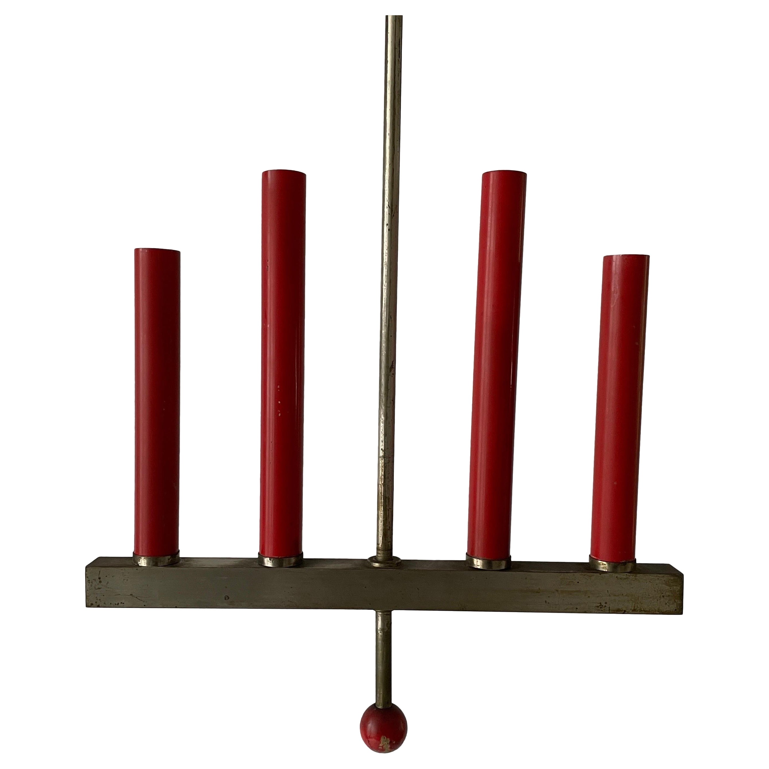 Lampada da soffitto a 4 tubi in metallo rosso, anni '60, Italia