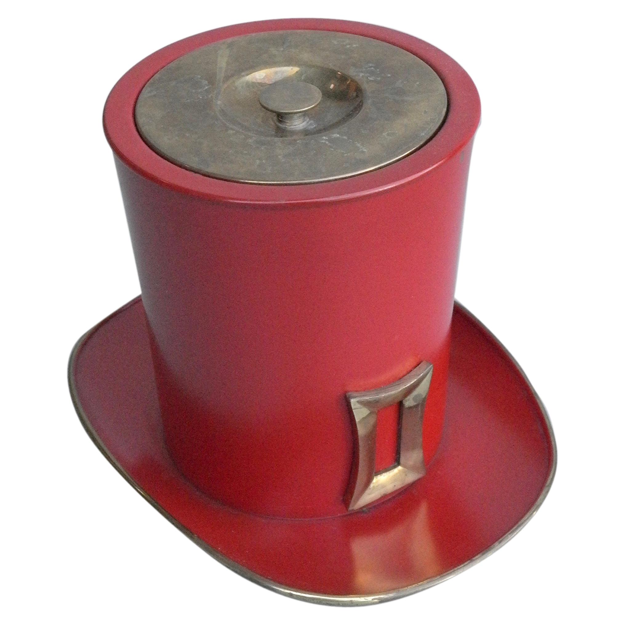 Red Metal and Brass "Hat" Ice Bucket For Sale