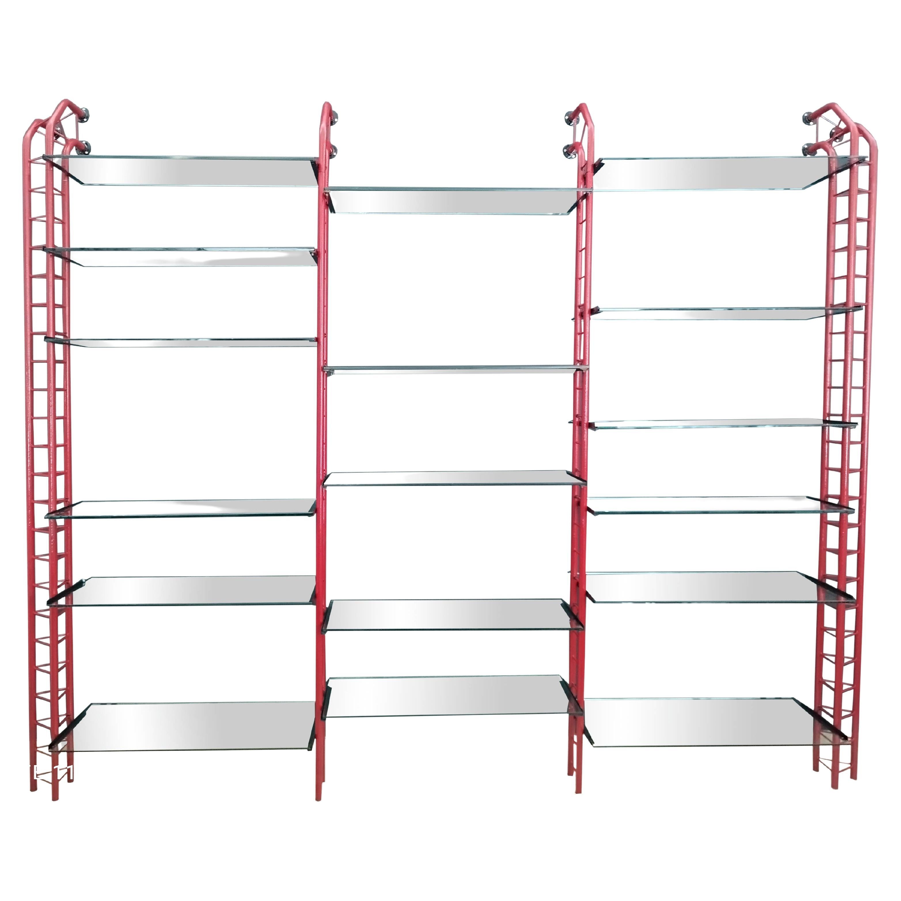 Red Metal and Glass Industrial Bookcase, Italy 1980s