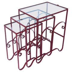 Red Metal and Glass Nesting Tables, Set of 3
