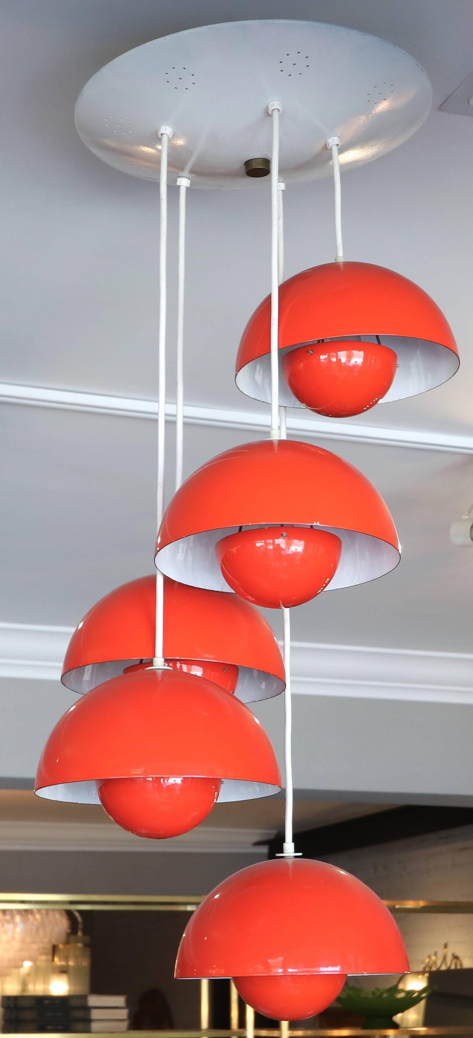 1970s big flower pot chandelier in red metal with five-light by Verner Panton.