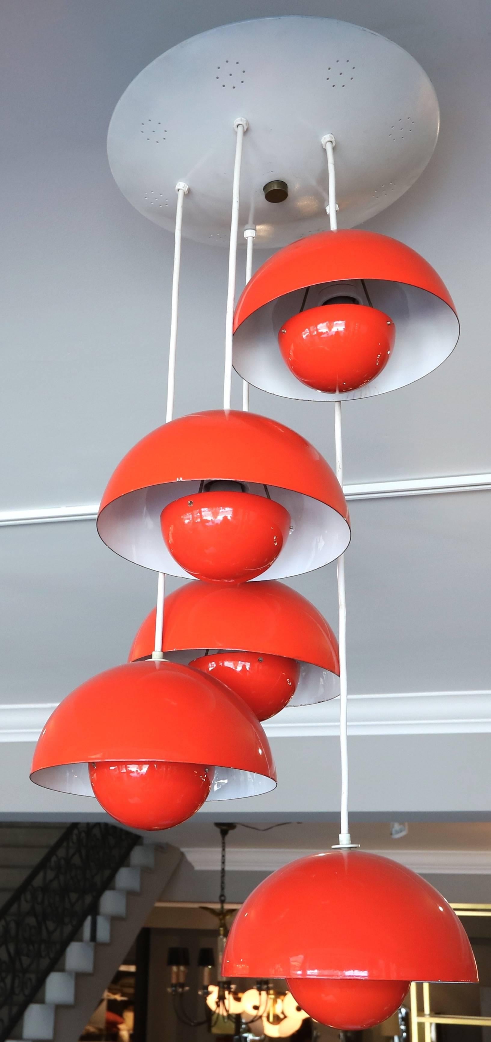 Mid-Century Modern Red Metal Big Flower Pot Chandelier by Verner Panton, 1970s