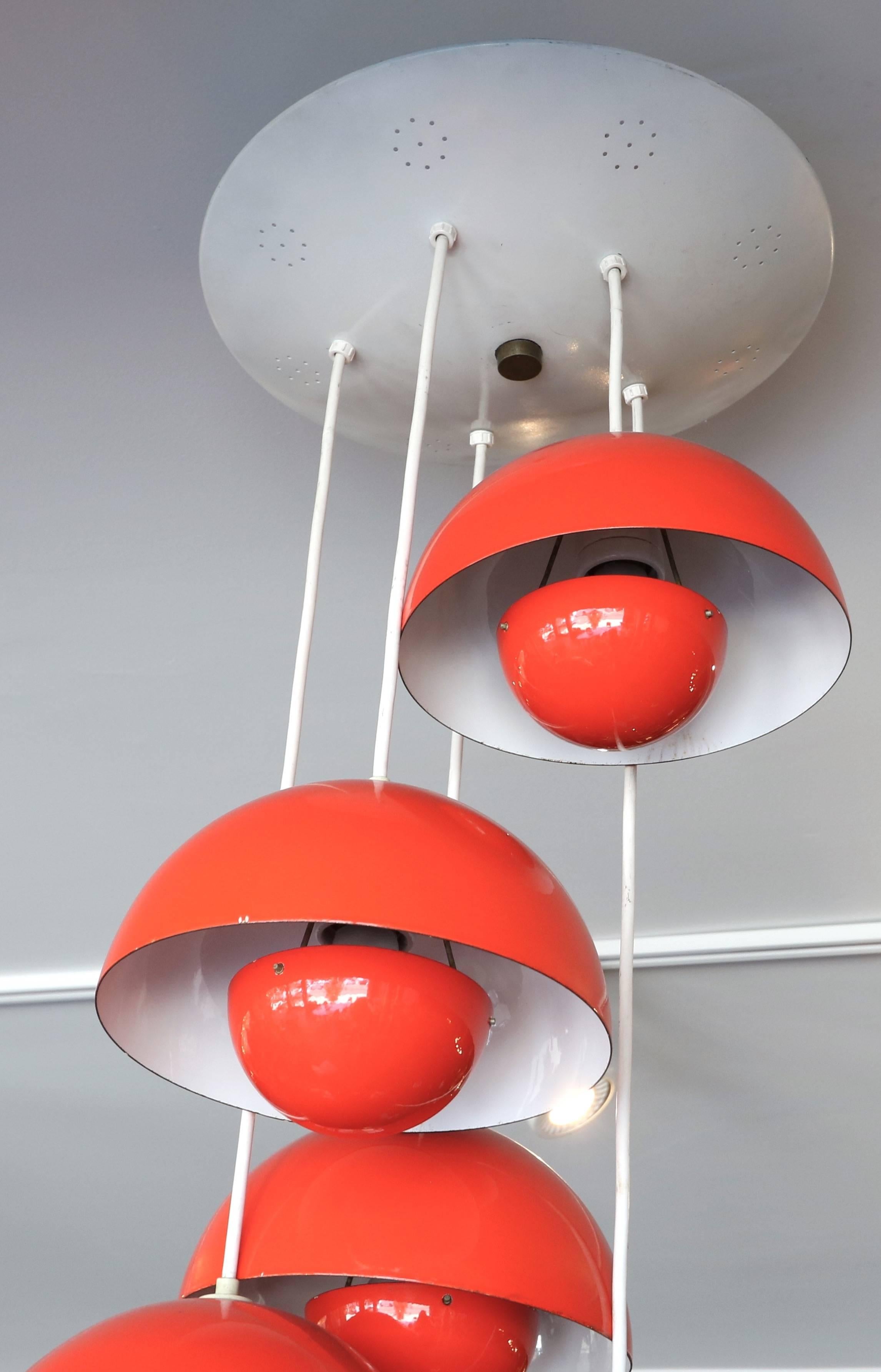 Danish Red Metal Big Flower Pot Chandelier by Verner Panton, 1970s