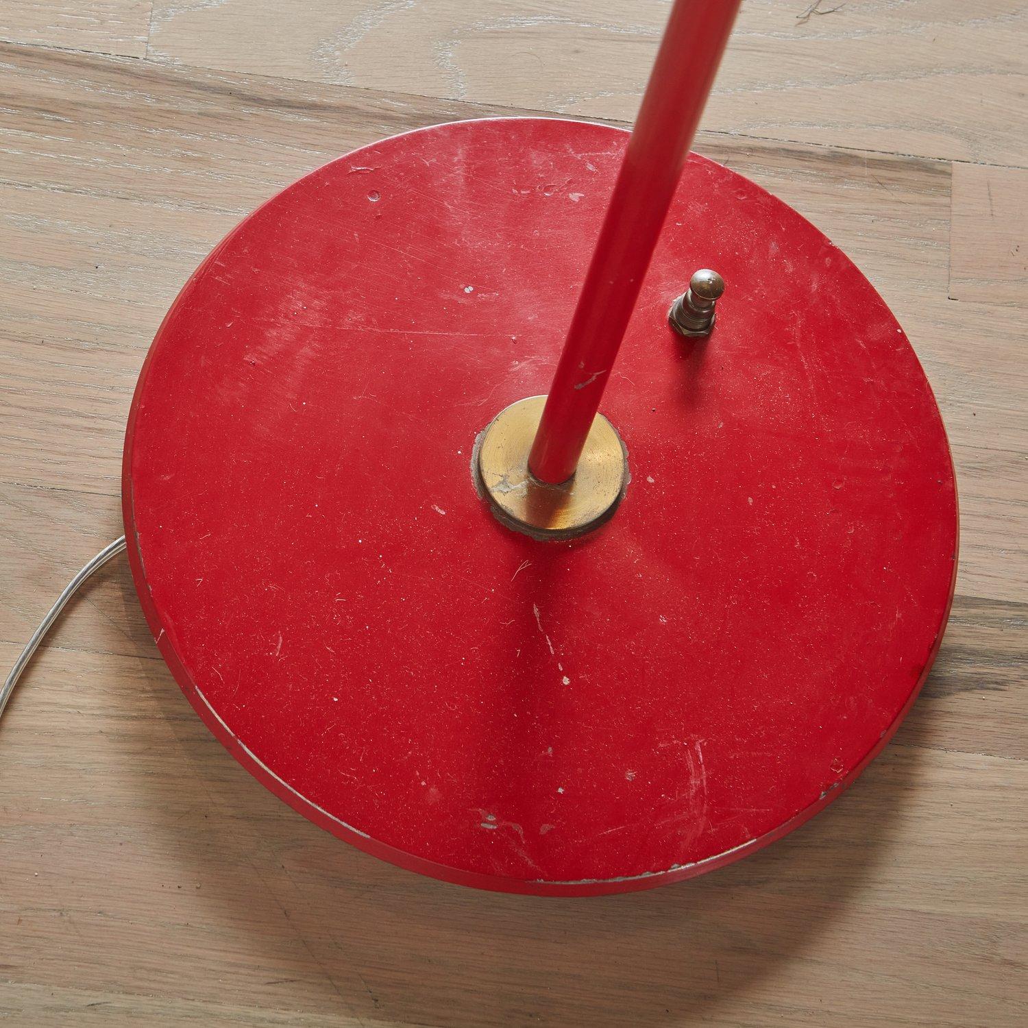 Red Metal + Brass Floor Lamp in the Style of Angelo Lelli, Italy 1960s For Sale 4