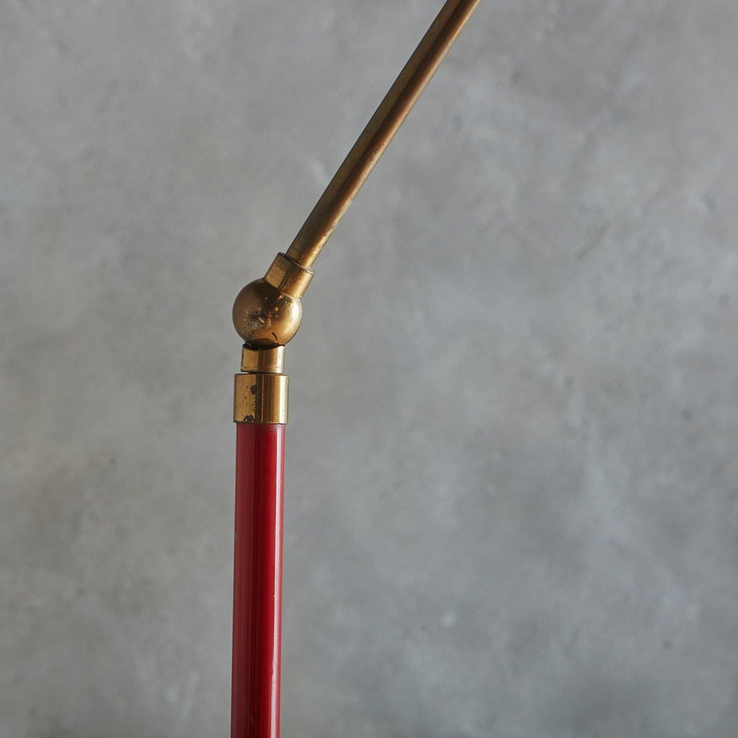 Mid-20th Century Red Metal + Brass Floor Lamp in the Style of Angelo Lelli, Italy 1960s For Sale