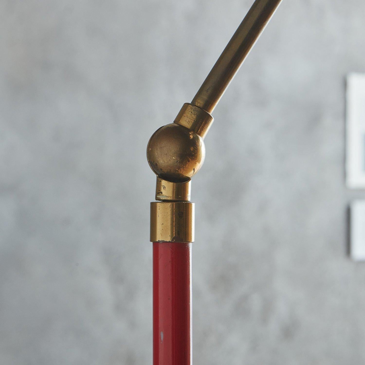 Red Metal + Brass Floor Lamp in the Style of Angelo Lelli, Italy 1960s For Sale 3