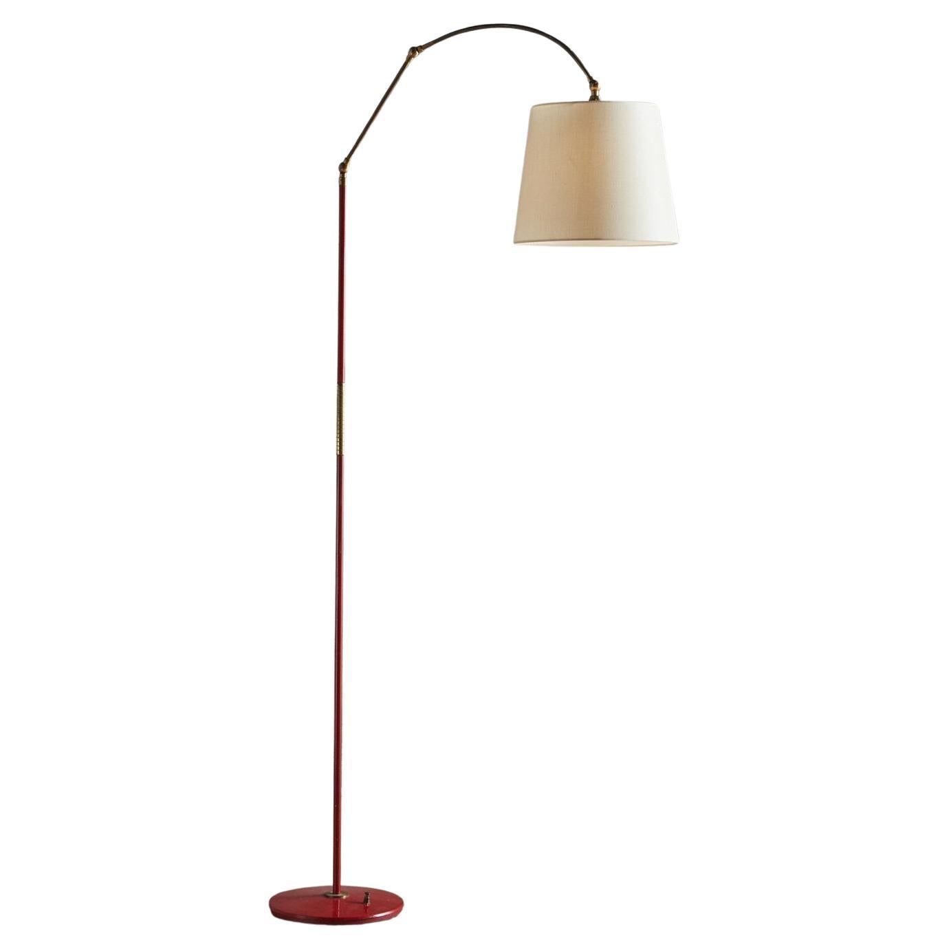 Red Metal + Brass Floor Lamp in the Style of Angelo Lelli, Italy 1960s For Sale
