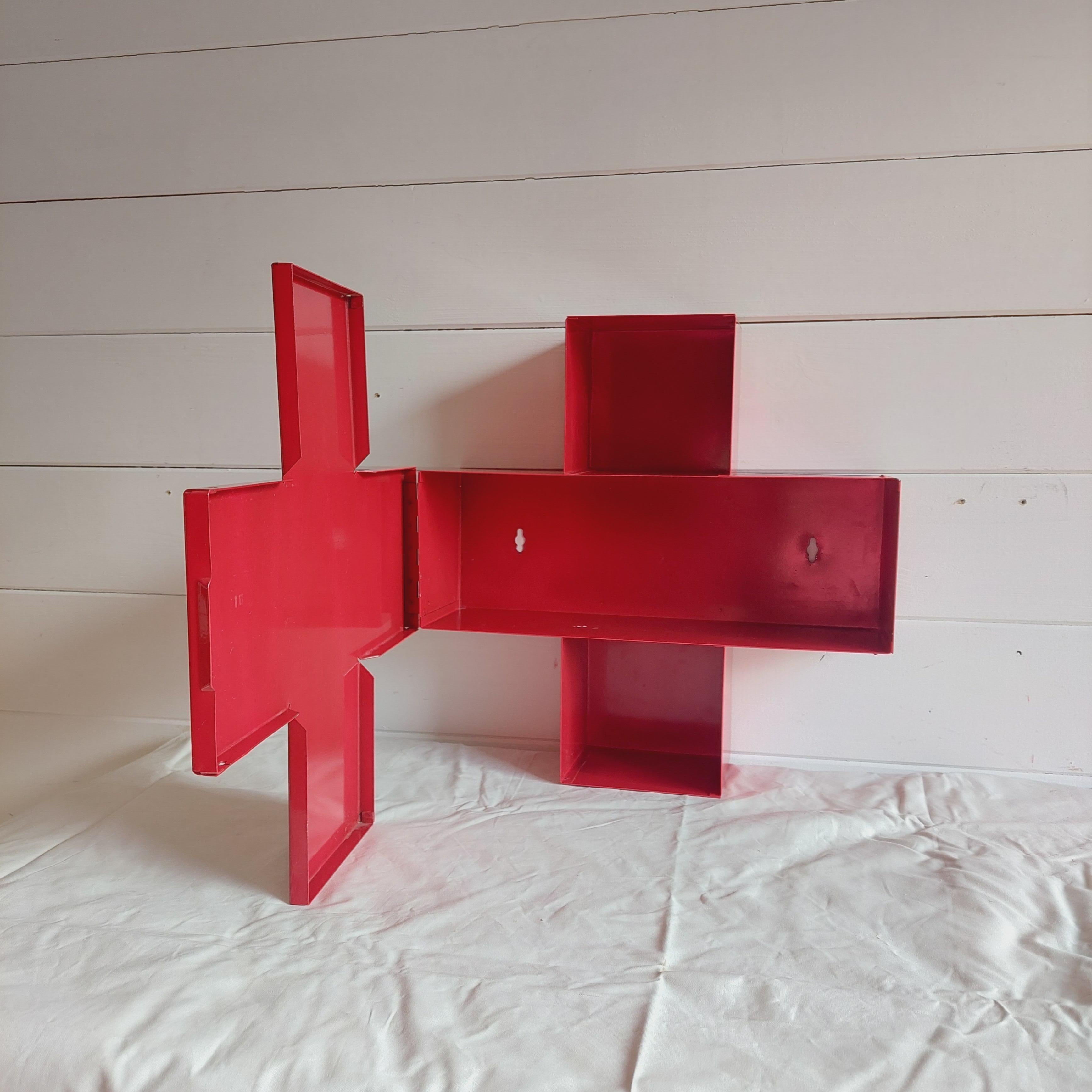 Red Metal Cross Wall Cabinet 1st Aid Medicine Box, Thomas Eriksson Style 1990s For Sale 8