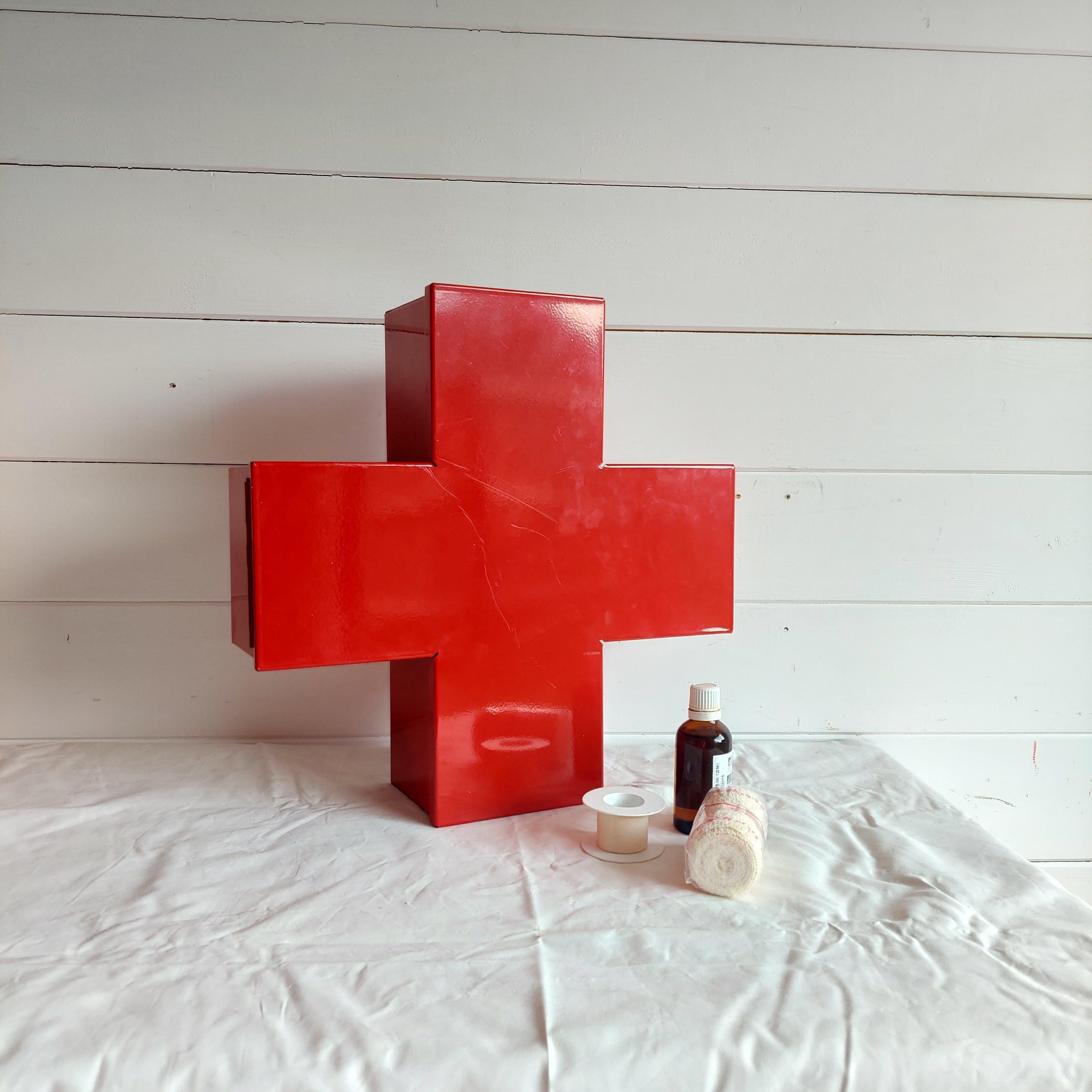Modern Red Metal Cross Wall Cabinet 1st Aid Medicine Box, Thomas Eriksson Style 1990s