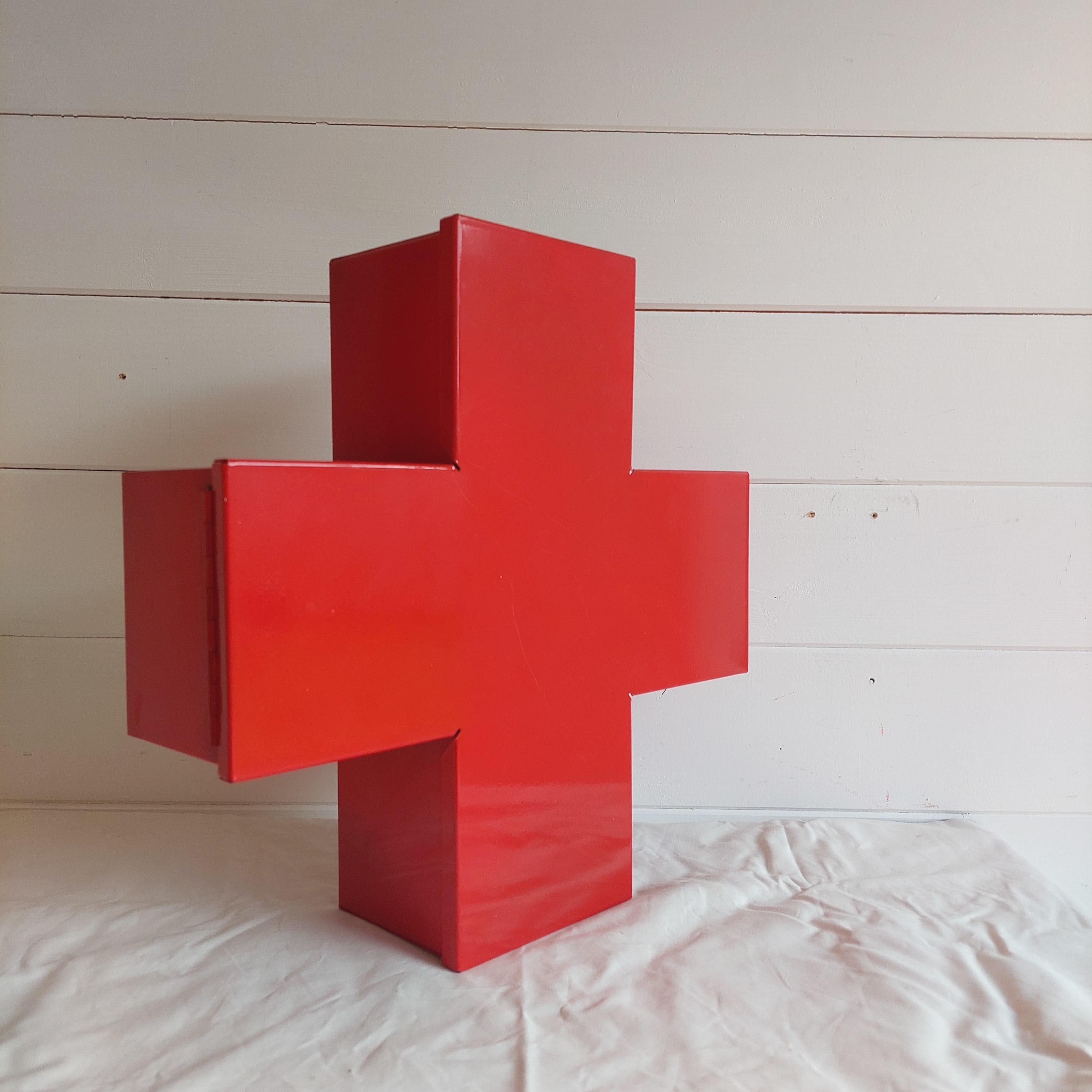 Italian Red Metal Cross Wall Cabinet 1st Aid Medicine Box, Thomas Eriksson Style 1990s For Sale