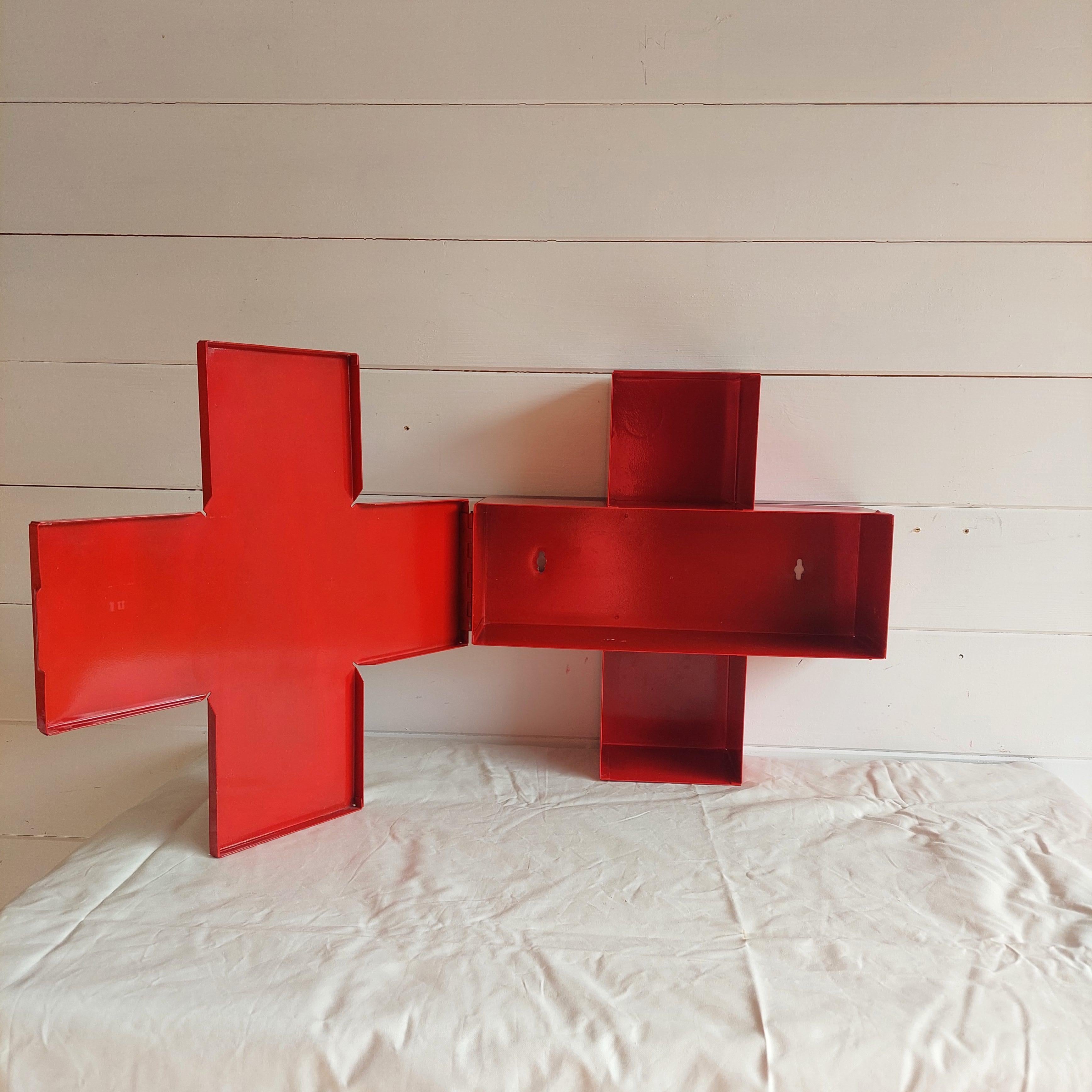 Late 20th Century Red Metal Cross Wall Cabinet 1st Aid Medicine Box, Thomas Eriksson Style 1990s For Sale