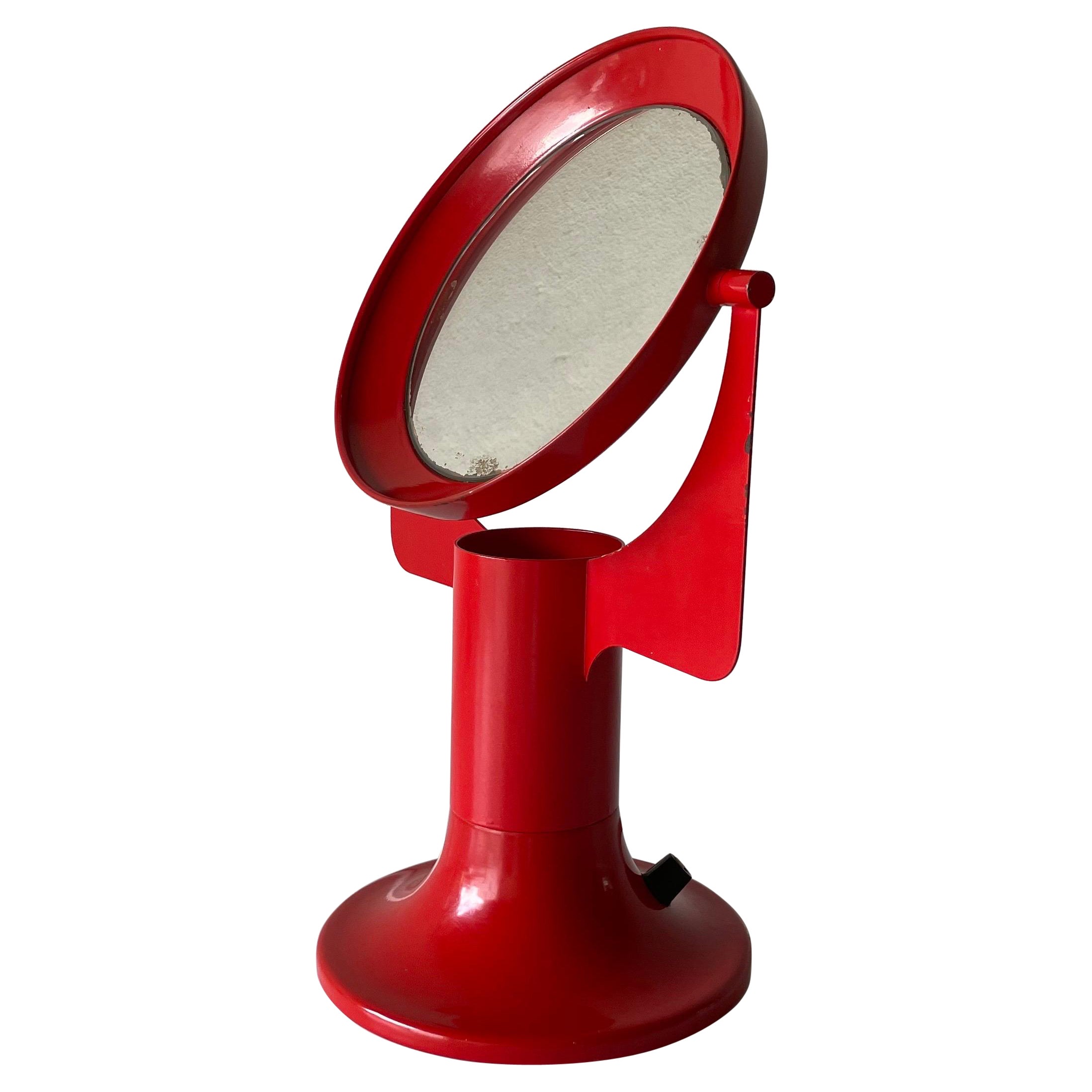 Specchio da tavolo A Space Age illuminato in metallo rosso, anni 
70, Italia in vendita