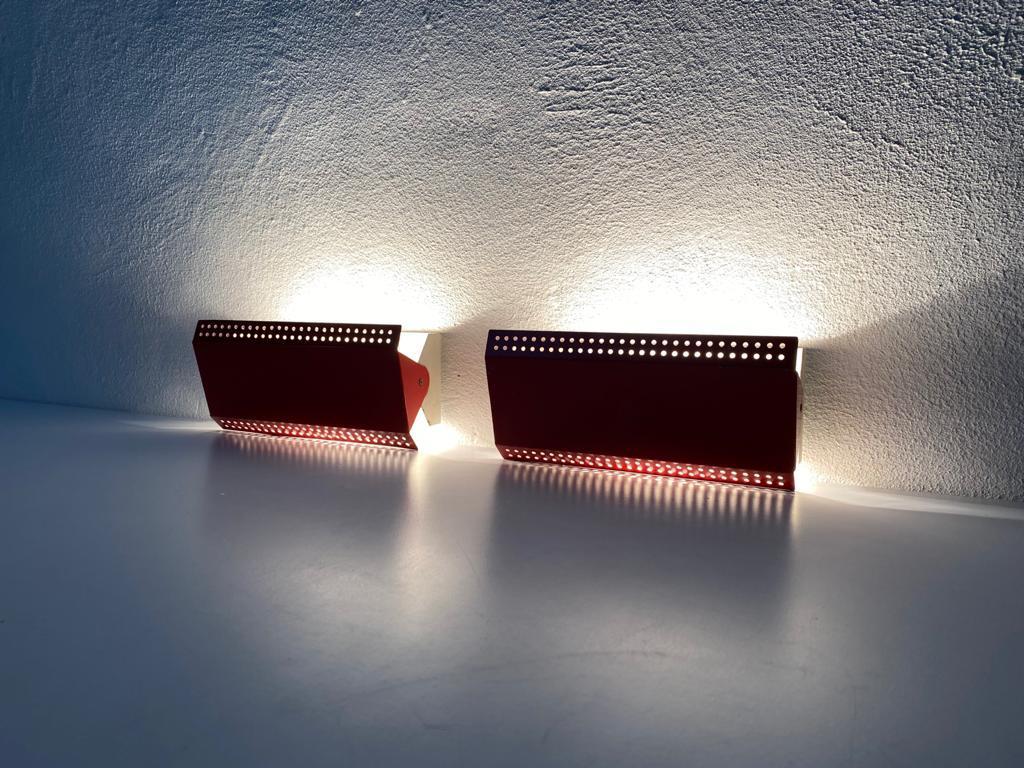 Red Metal Pair of Sconces Adjustable Reflectors by Scanotec, 1950s Denmark 9