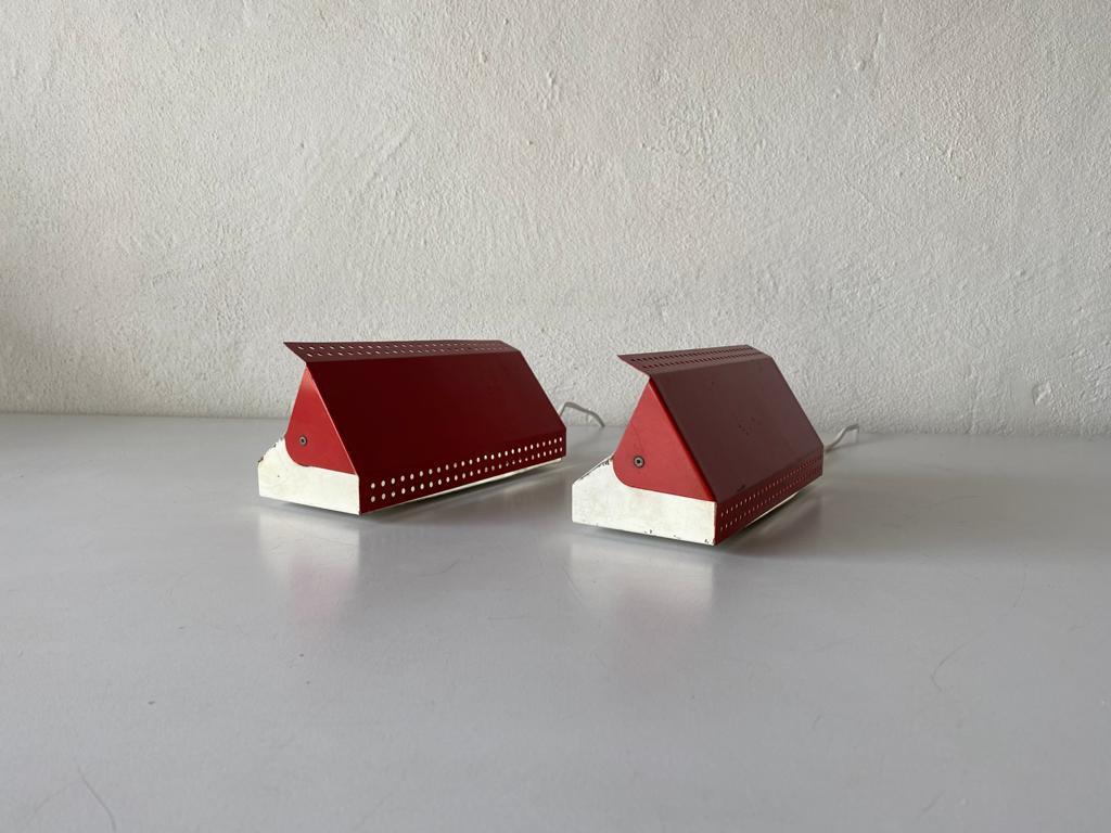 Mid-Century Modern Red Metal Pair of Sconces Adjustable Reflectors by Scanotec, 1950s Denmark