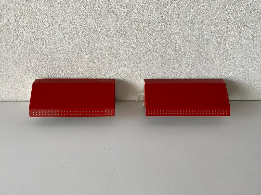 Danish Red Metal Pair of Sconces Adjustable Reflectors by Scanotec, 1950s Denmark
