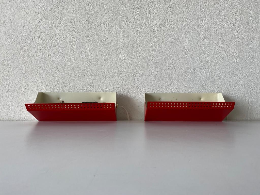 Mid-20th Century Red Metal Pair of Sconces Adjustable Reflectors by Scanotec, 1950s Denmark