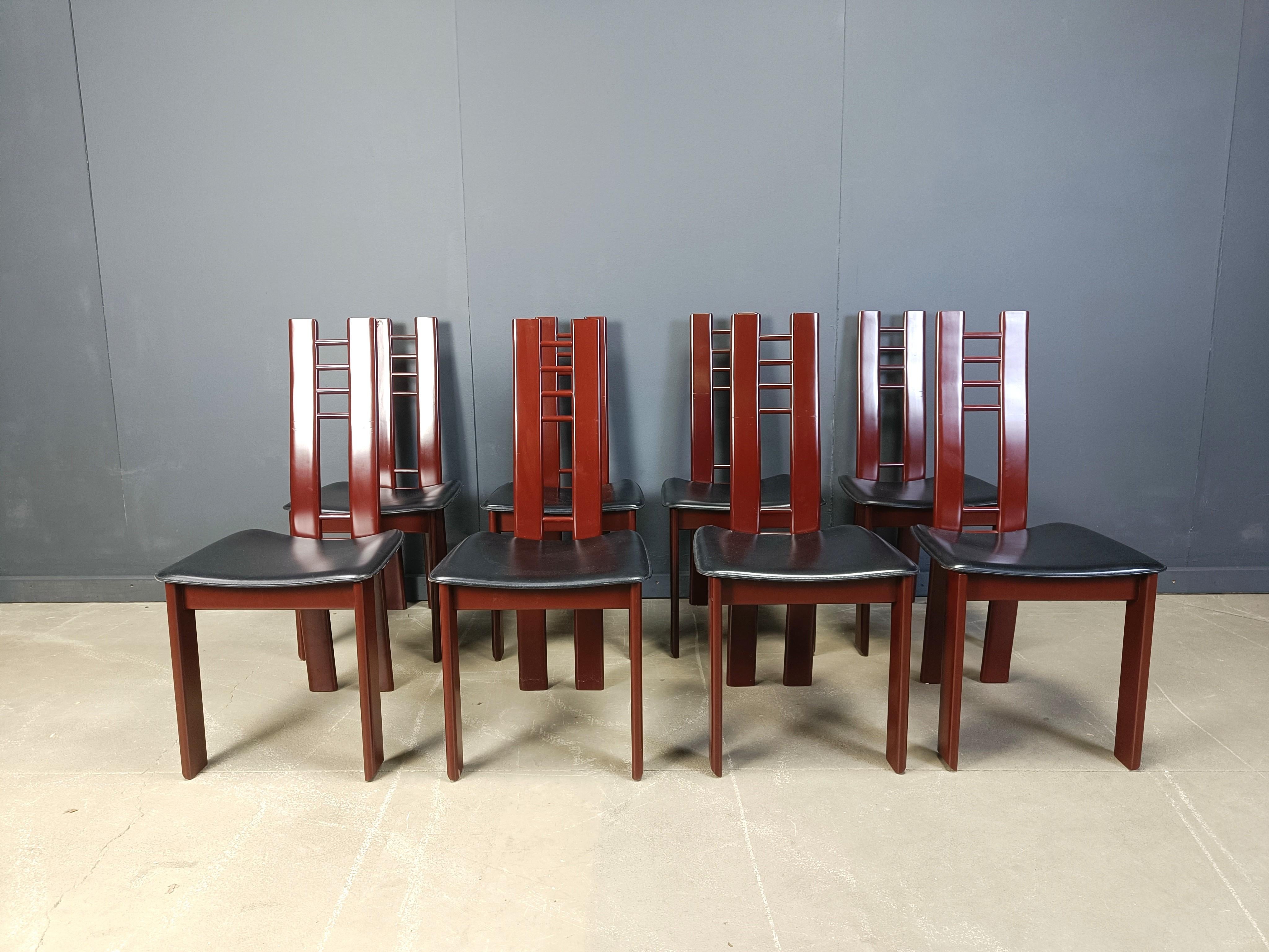 Red Metal Post modern dining chairs, 1980s set of 8 4