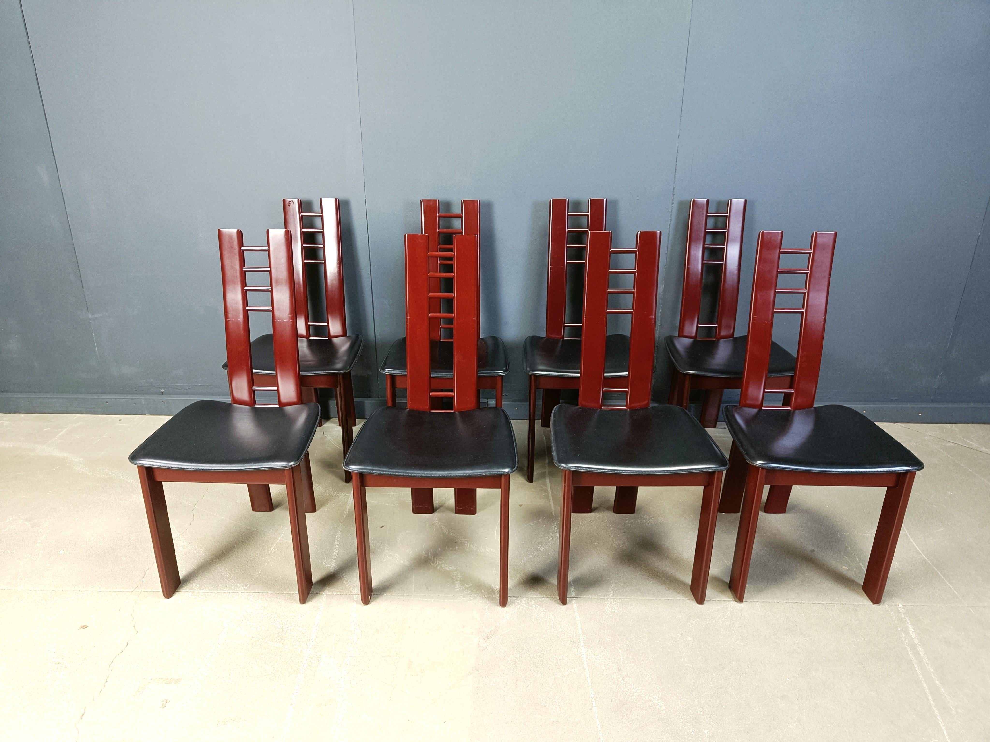 Red Metal Post modern dining chairs, 1980s set of 8 5