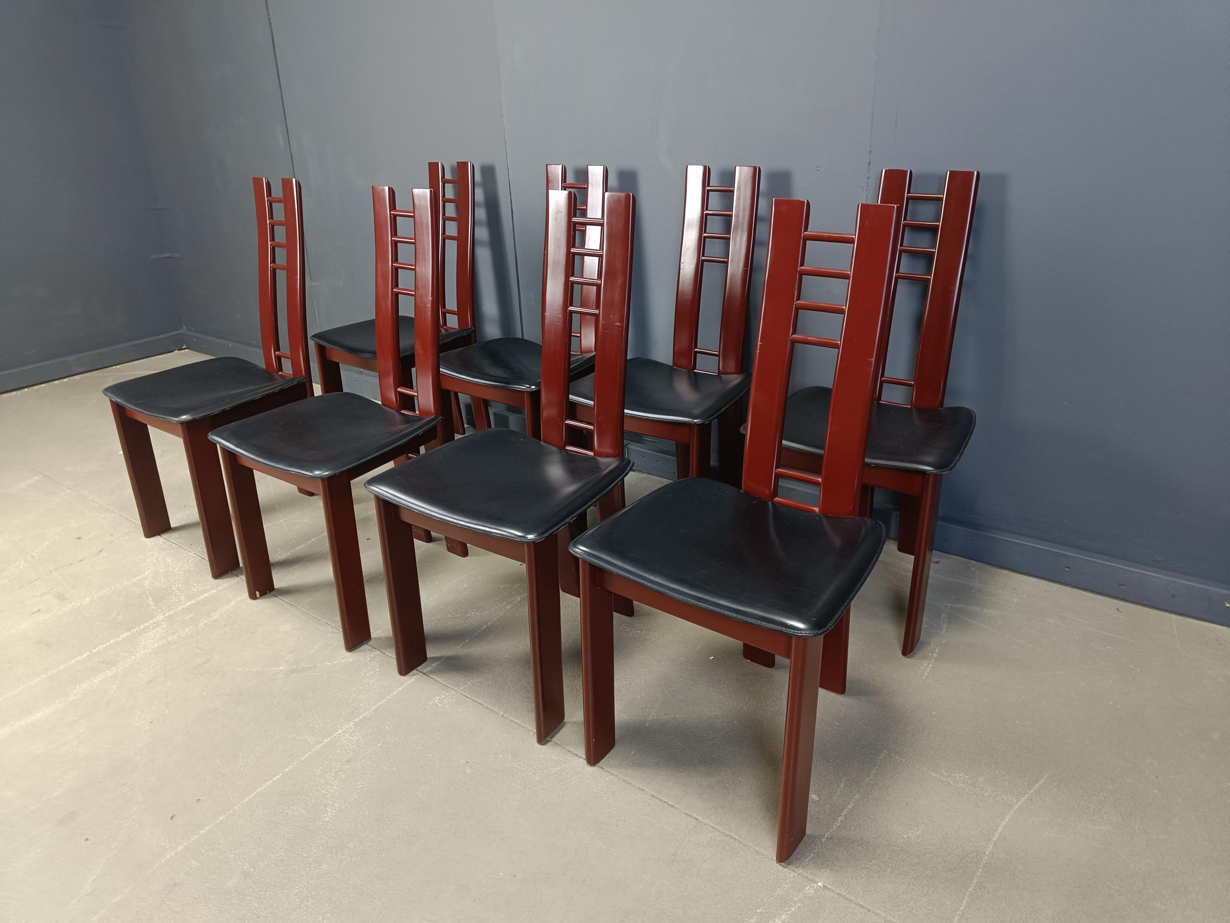 Red Metal Post modern dining chairs, 1980s set of 8 1