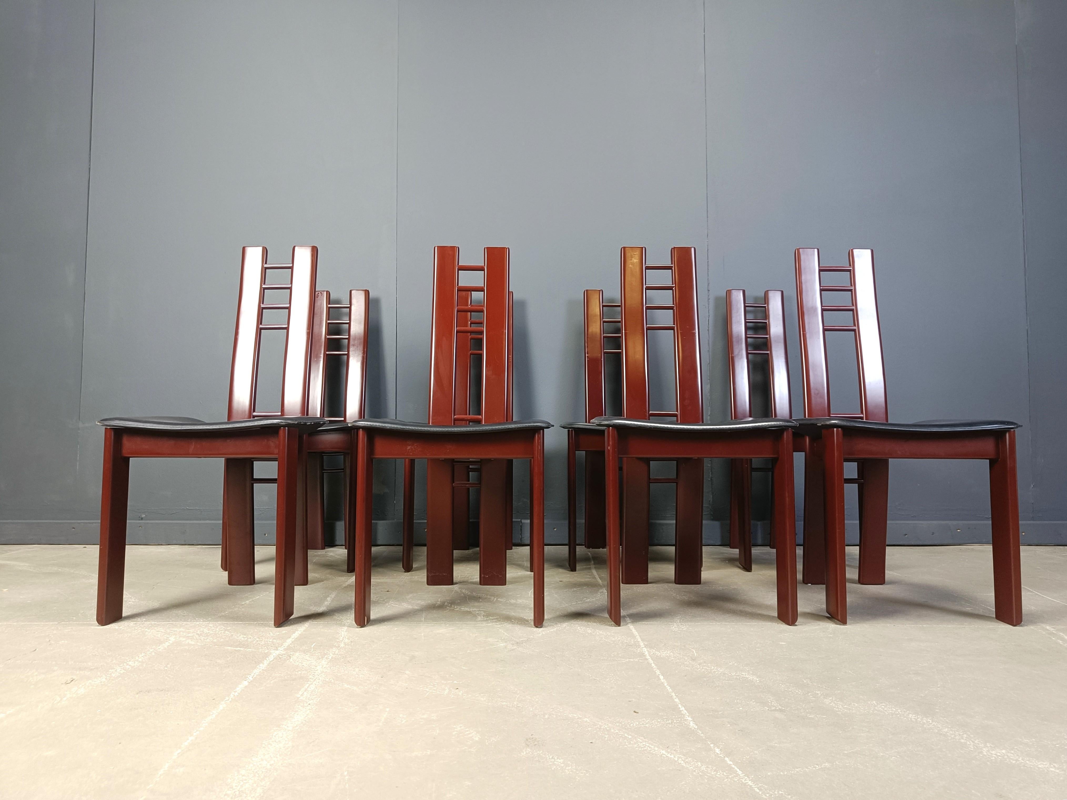 Red Metal Post modern dining chairs, 1980s set of 8 2