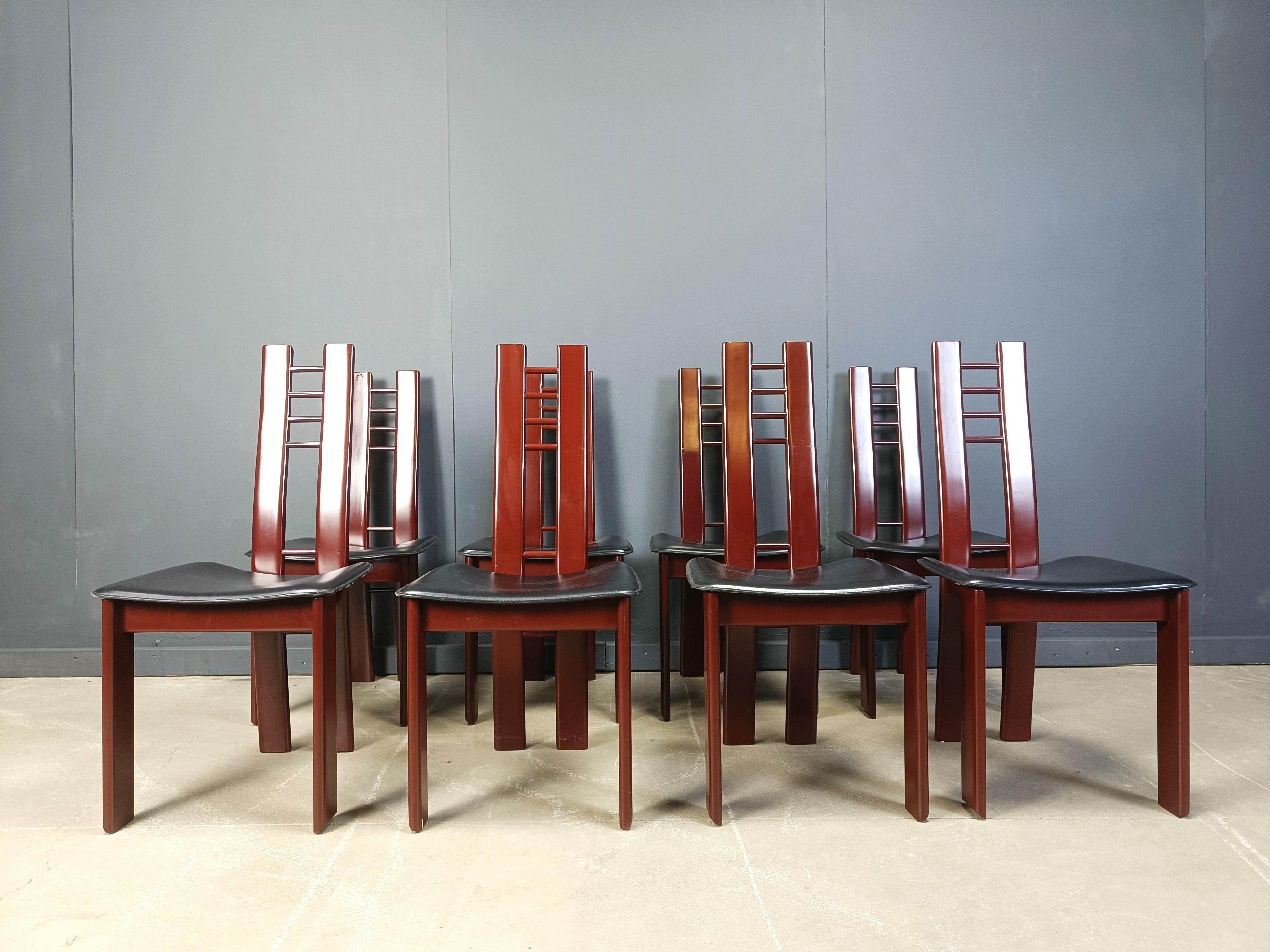 Red Metal Post modern dining chairs, 1980s set of 8 3