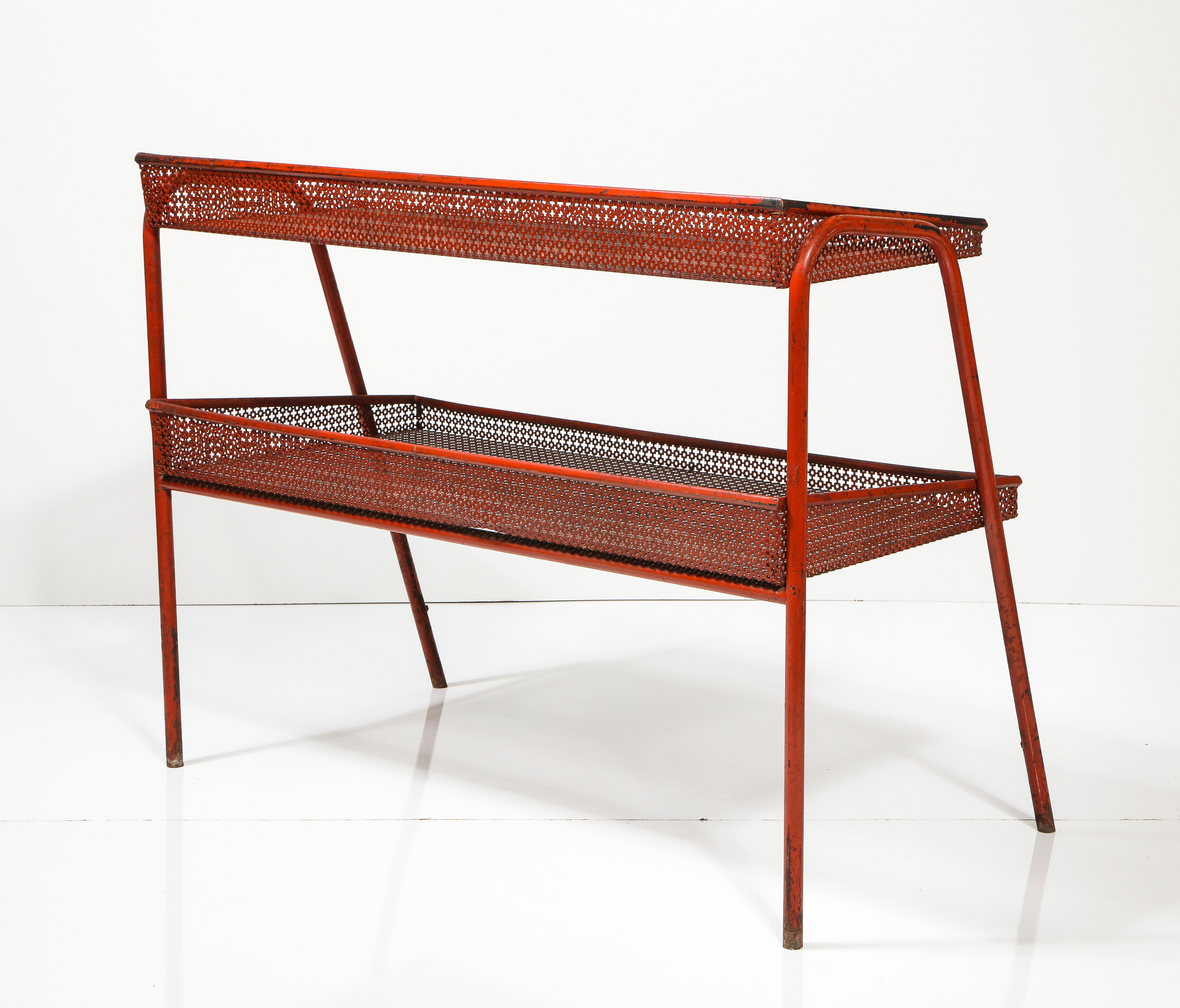 Mid-20th Century Red Metal Shelf attributed to Mathieu Mategot, France, c. 1940 For Sale