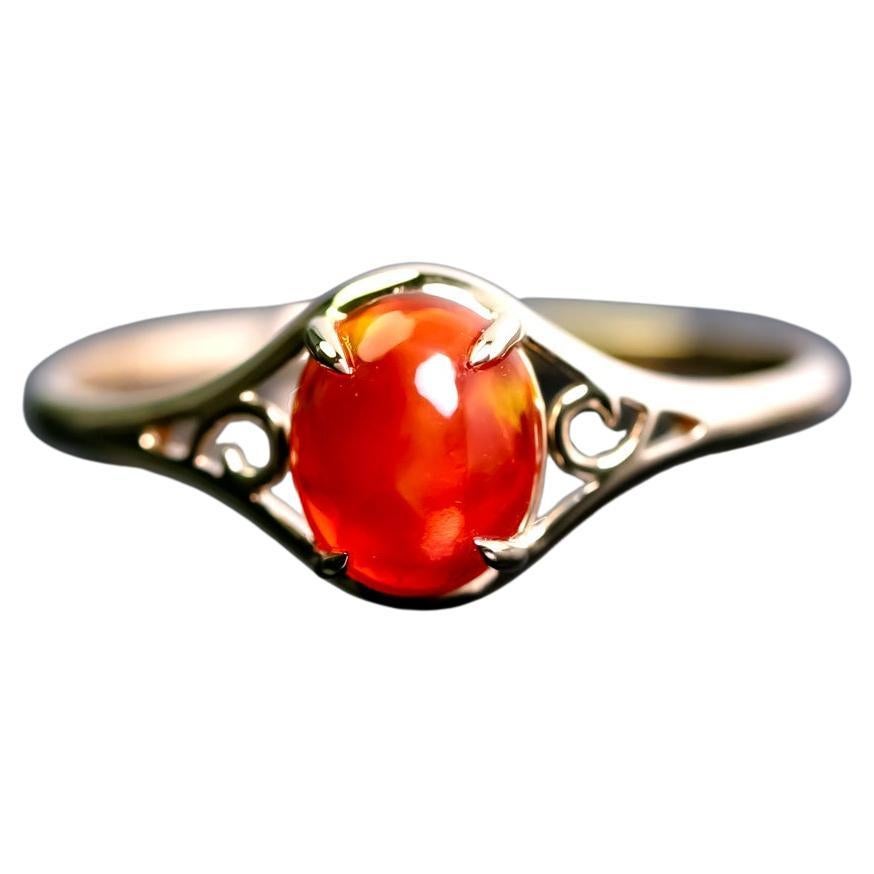 Red Mexican Fire Opal Cabochon Engagement Ring Set in 14K Yellow Gold For Sale