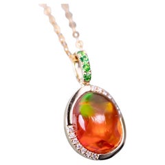 Red Mexican Fire Opal, Diamond Tsavorite Pendant Necklace 18K Yellow Gold