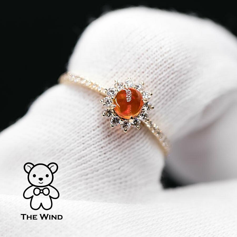 Artist Red Mexican Fire Opal Halo Diamond Engagement Ring 18K Yellow Gold For Sale