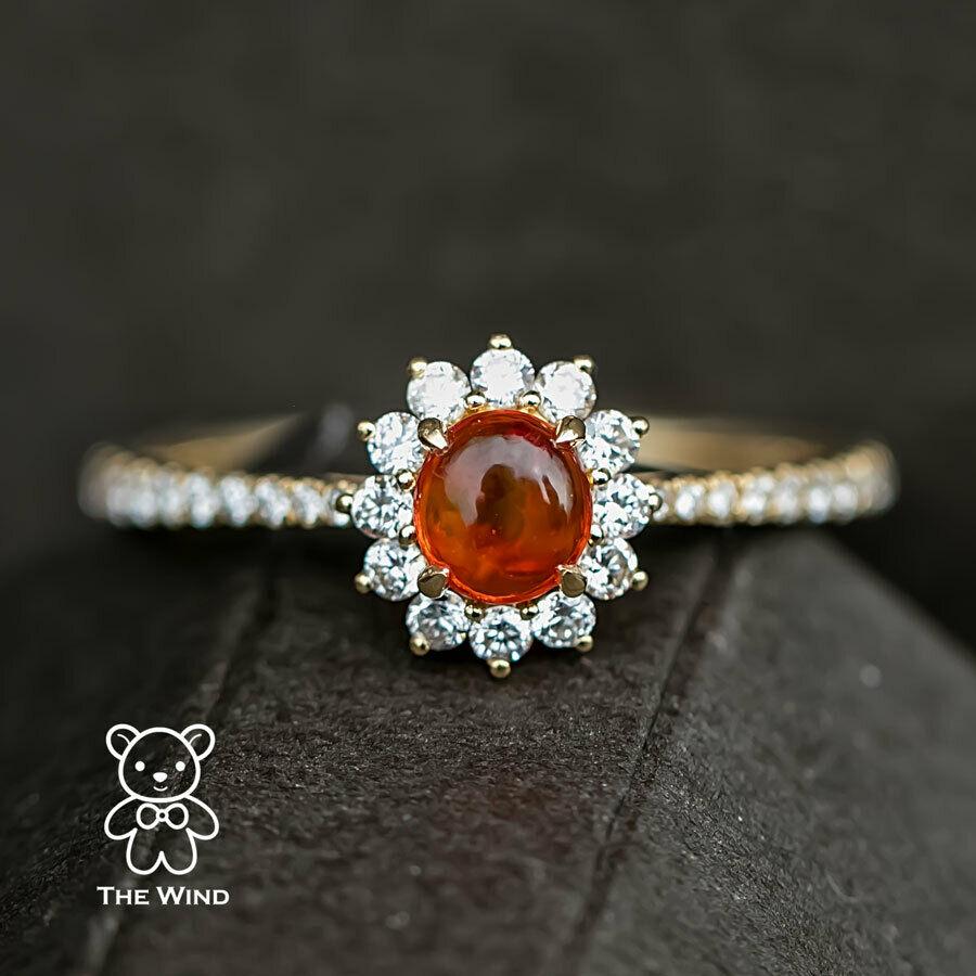 Women's or Men's Red Mexican Fire Opal Halo Diamond Engagement Ring 18K Yellow Gold For Sale
