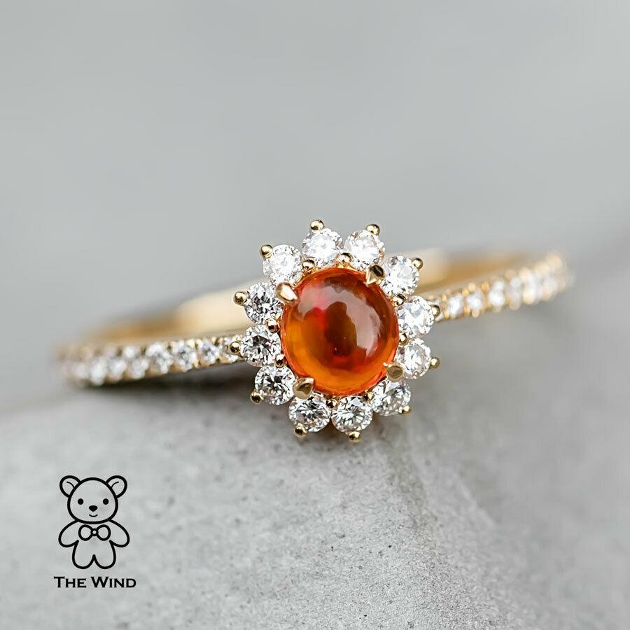 Red Mexican Fire Opal Halo Diamond Engagement Ring 18K Yellow Gold For Sale 1