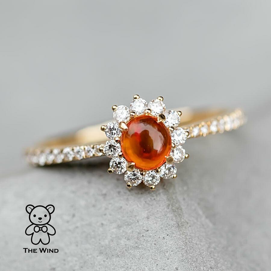 Roter mexikanischer Feueropal Halo Diamant Verlobungsring 18K Gelbgold 1