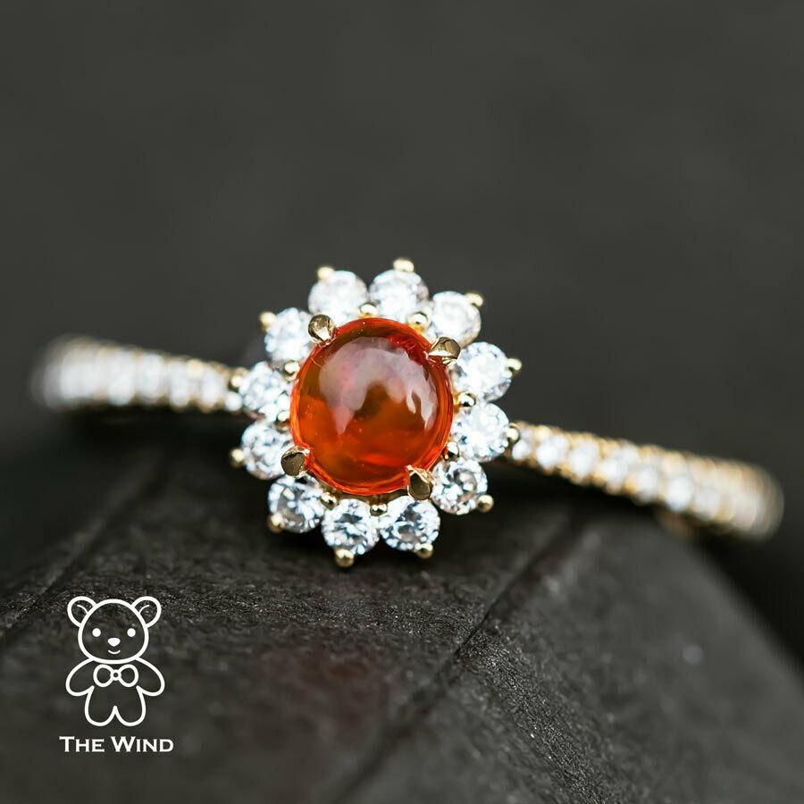 Red Mexican Fire Opal Halo Diamond Engagement Ring 18K Yellow Gold For Sale 2