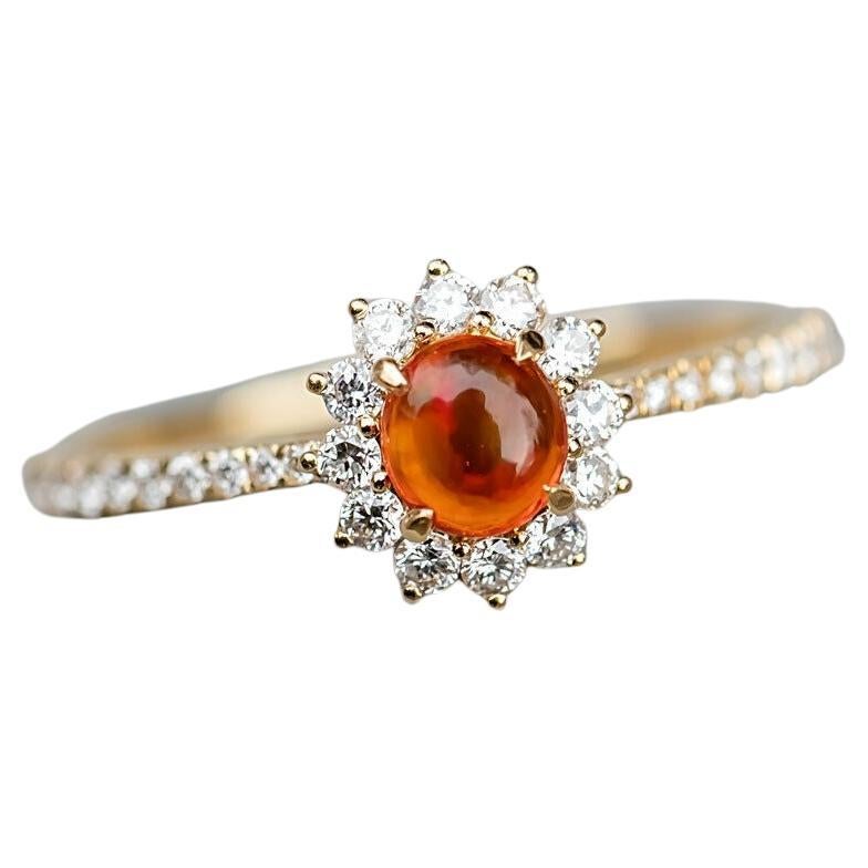 Red Mexican Fire Opal Halo Diamond Engagement Ring 18K Yellow Gold For Sale