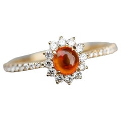 Red Mexican Fire Opal Halo Diamond Engagement Ring 18K Yellow Gold